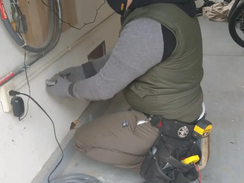 Electrician performing outlet wiring in a Coolbaugh garage